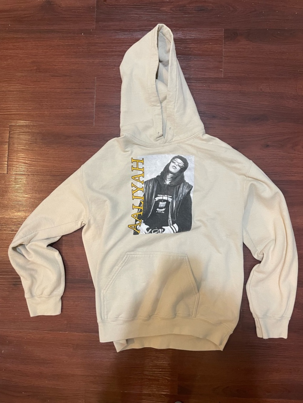 Cream Graphic Pullover Hoodie with Yellow Lettering
